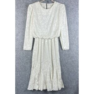 VTG Just In Thyme Blouson Dress Womens 12 White Jacquard Prairie Modest USA 80s